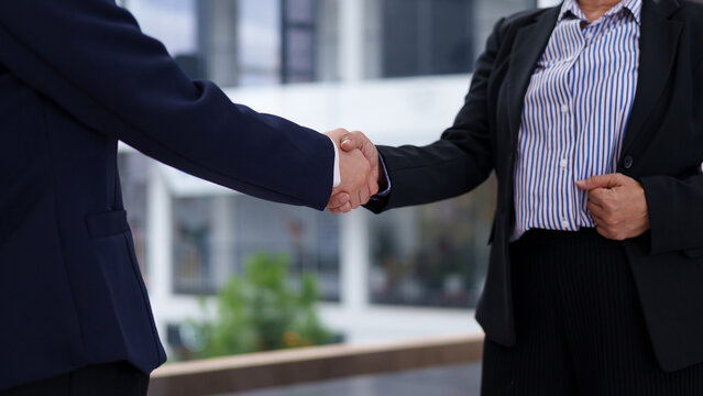 Business Agreement Handshake Photo: Secure Partnership Deals with Adult Asian Woman and Unidentified Man for Trust and Strong Collaboration
