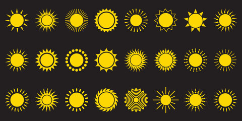 Simple sun icon set. Shine sun ray set. Sun icon set. Black sun star icons collection. Summer, sunlight, nature, sky. Vector illustration isolated on white background.
