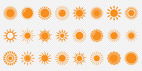 Sun icon set. Yellow sun icons. Shine sun ray set. Sunset icon collection. Yellow sun star icons. Vector illustration