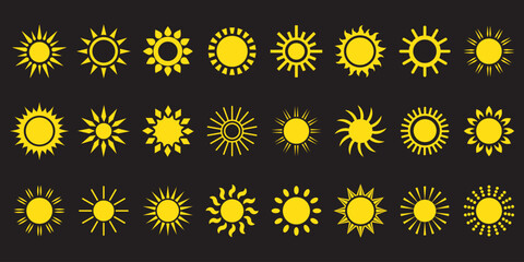 Simple sun icon set. Shine sun ray set. Sun icon set. Black sun star icons collection. Summer, sunlight, nature, sky. Vector illustration isolated on white background.