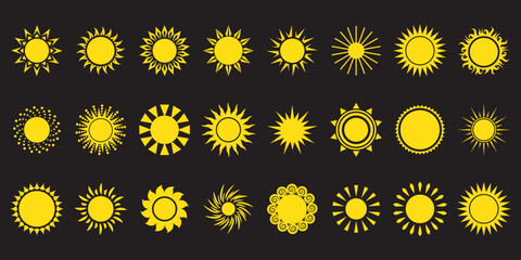 Sun icon set. Yellow sun icons. Shine sun ray set. Sunset icon collection. Yellow sun star icons. Vector illustration