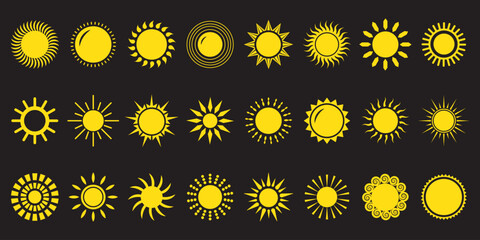 Sun icon set. Yellow sun icons. Shine sun ray set. Sunset icon collection. Yellow sun star icons. Hot solar energy for tan. Vector illustration