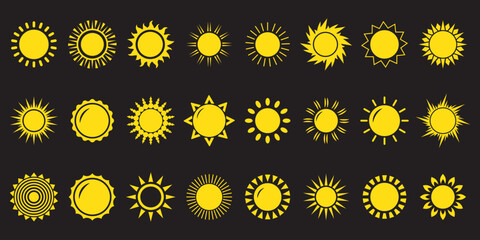 Sun icon set. Yellow sun icons. Shine sun ray set. Sunset icon collection. Yellow sun star icons. Hot solar energy for tan. Vector illustration