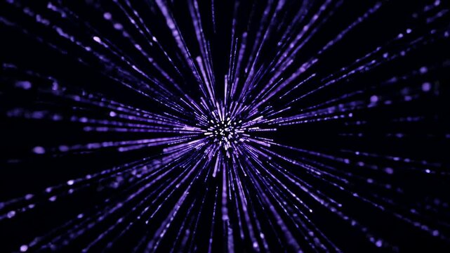 Violet trails radiate from a central point on a dark backdrop resembling a burst