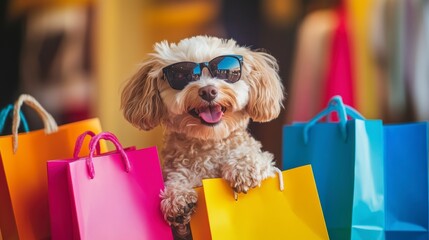 A cute dog wearing sunglasses sits amidst colorful shopping bags.