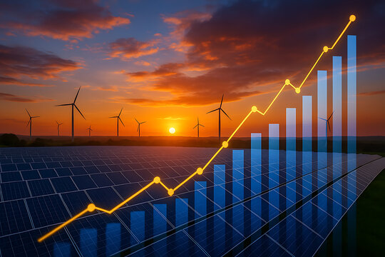 A breathtaking sunset scene featuring a field of solar panels and towering wind turbines, accented by an overlaid upward-trending financial graph, illustrating robust growth