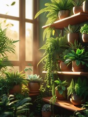 Fototapeta premium A Sunlight Kissed Indoor Garden Home Oasis Abundant Plant Variety Display