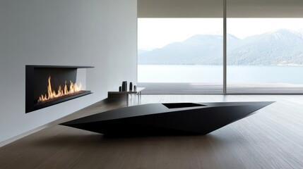 Modern living room with fireplace and lake view