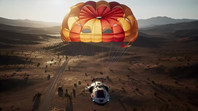 Futuristic vehicle with parachute floats over hazy mountainous terrain