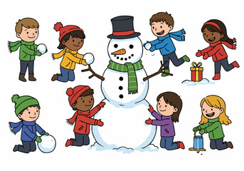Diverse group of happy children building a snowman together in the snow, celebrating winter fun and friendship.