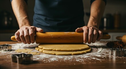 Close-up of hands rolling out fresh cookie dough with a wooden rolling pin on a floured wooden surface, preparing for homemade treats