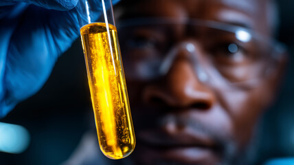 Focused Chemical Analysis – Scientist in Yellow Gloves Inspects Vibrant Yellow Liquid Sample, Representing Innovative Laboratory Research and Drug Discovery Breakthroughs
