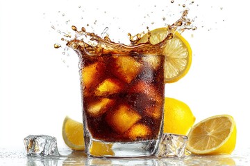 Drink splashing from a glass with lemon slices and ice