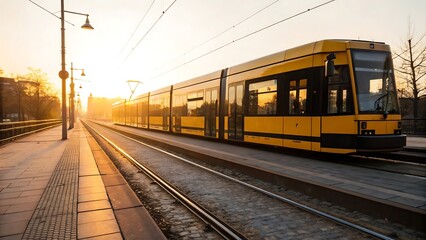 Naklejka premium A modern yellow tram travels along a city street at sunrise