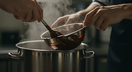 Close-up of Hands Expertly Stirring Rich Sauce or Melted Chocolate in a Double Boiler Over a Steaming Pot for Precise Culinary Preparation