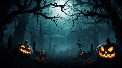 Dark forest at night with mist,creepy tree silhouettes