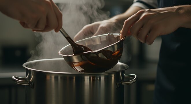 Close-up of Hands Expertly Stirring Rich Sauce or Melted Chocolate in a Double Boiler Over a Steaming Pot for Precise Culinary Preparation