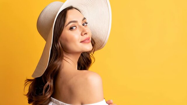 Brunette woman smiles charmingly wearing a white hat and off shoulder top against a vibrant sunny yellow background
