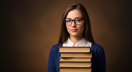 Ai generated image of a young woman with glasses holds a stack of books