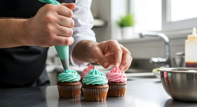 Professional Baker's Hands Decorating Freshly Baked Cupcakes with Colorful Frosting and Toppings in a Bright Kitchen Setting