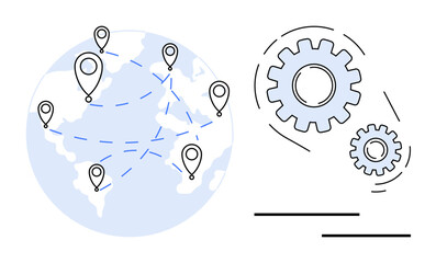 Fototapeta premium Globe with location markers and dashed connection lines, alongside interlocking gears symbolizing process and collaboration. Ideal for logistics, global business, innovation, strategy, efficiency