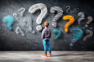 Boy pondering questions on chalkboard wall