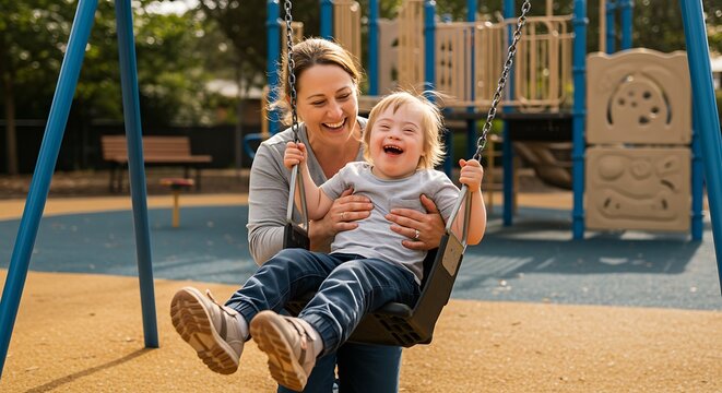 Mother and child with Down syndrome sharing a joyful moment on a playground swing.