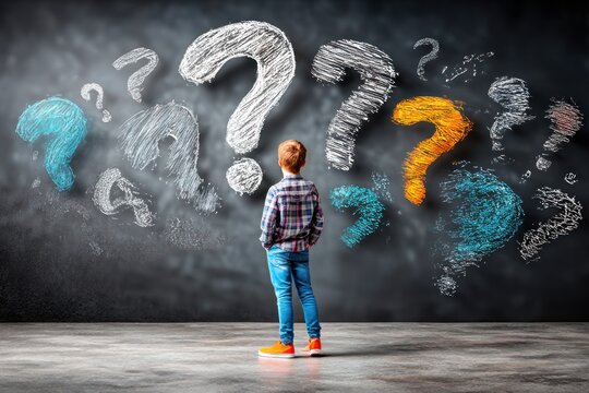 Boy pondering questions on chalkboard wall - Powered by Adobe