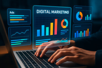 Hands typing on a laptop with a glowing holographic digital marketing dashboard displaying various analytics and data visualizations, symbolizing advanced advertising strategies and business insights