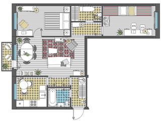Three-room apartment in top view. Floor plan with furniture placement. The interior design project. Architectural plan of russian standard khrushchevka. Home with kitchen and bedroom. Vector