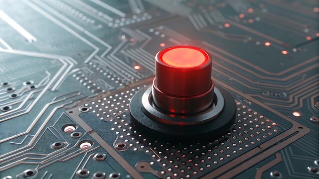 A closeup view of a red illuminated button on a dark circuit board, suggesting a technological control interface