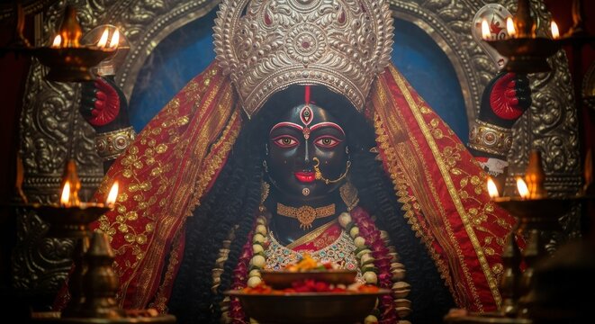 Ai generated image of a powerful portrait of the hindu goddess kali in a temple setting
