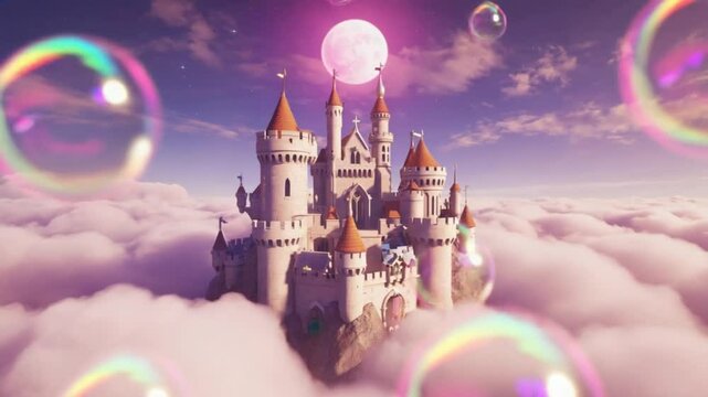 dreamy castle cloud fantasy with floating cloud castle and magical castle bubbles in pink castle sky, romantic fantasy architecture in storybook world, floating palace in dreamy pink sky
