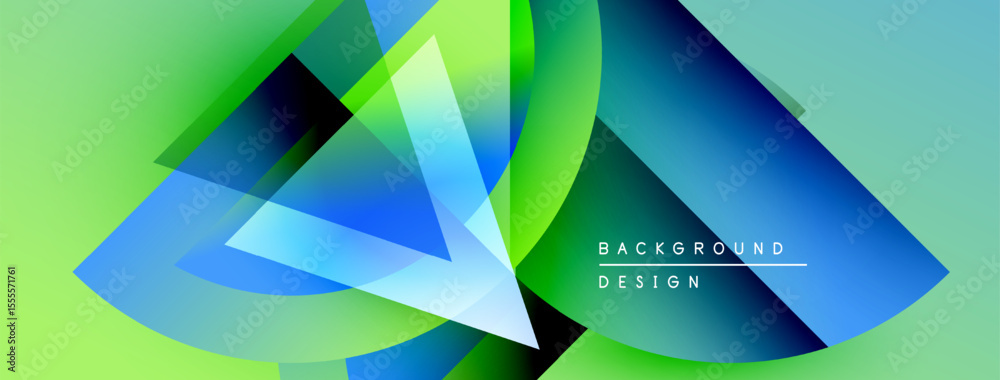 Poster Abstract geometric shapes overlap, creating vibrant green, blue gradients. Modern design elements suggest dynamic movement, visual energy.