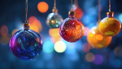 Vibrant Christmas ornaments against a bokeh background