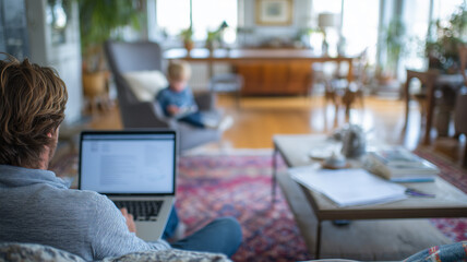 White man using laptop on sofa in cozy living room, young boy reading book on armchair in background, bright interior with plants and wooden floor, casual comfortable home