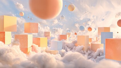 Pastel cubes and spheres float in a soft cloud landscape