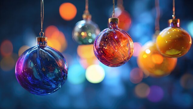 Vibrant Christmas ornaments against a bokeh background