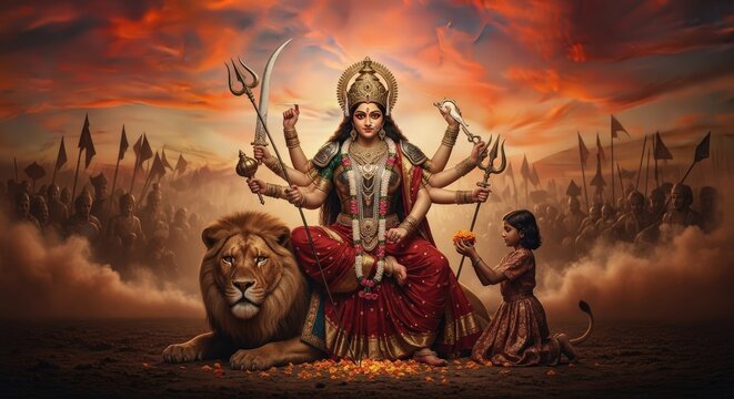 Ai generated image of powerful depiction of goddess durga on a lion, with a child and army