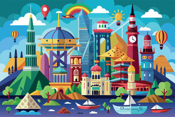 Obraz premium Colorful cityscape with famous landmarks and hot air balloons creating a vibrant atmosphere of adventure and exploration