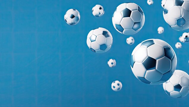 Soccer balls floating on a blue background
