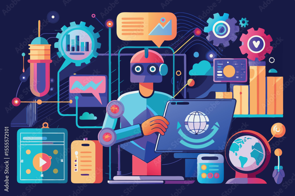 Poster robot analyzing data while surrounded by technology in a digital workspace