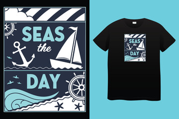 Nautical sailing club t-shirt vector print. Vessel stockless anchor with rope in shackle ring illustration and typography. Sailing club member, sailor or seafarer clothing print design mockup 
