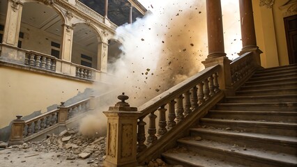 Fototapeta premium A dramatic scene shows a large explosion destroying a grand staircase in an old stone building