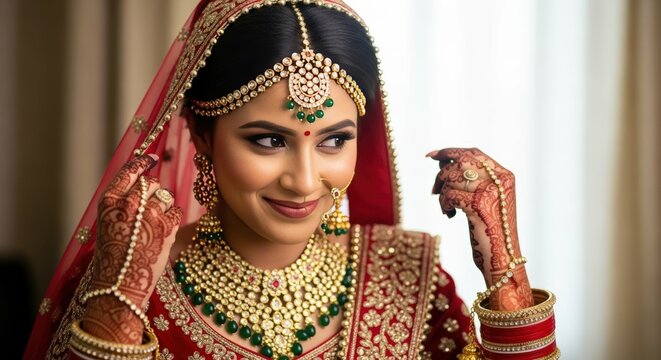 Ai generated image of a beautiful indian bride smiles softly