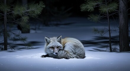 Ai generated image of a silver fox rests peacefully in the snow at night