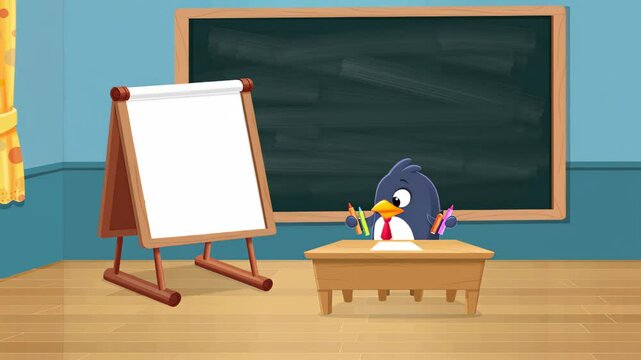 Cartoon teacher bird at desk, flip chart and chalkboard in classroom. Copy space for text back to school animation