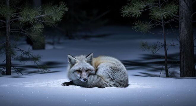 Ai generated image of a silver fox rests peacefully in the snow at night