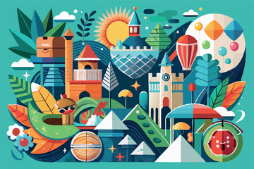 Colorful landscape featuring whimsical structures, nature, and activities in a vibrant fantasy world during daytime