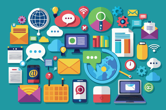 Digital communication technology represented through colorful icons and symbols illustrating modern connectivity in a vibrant design